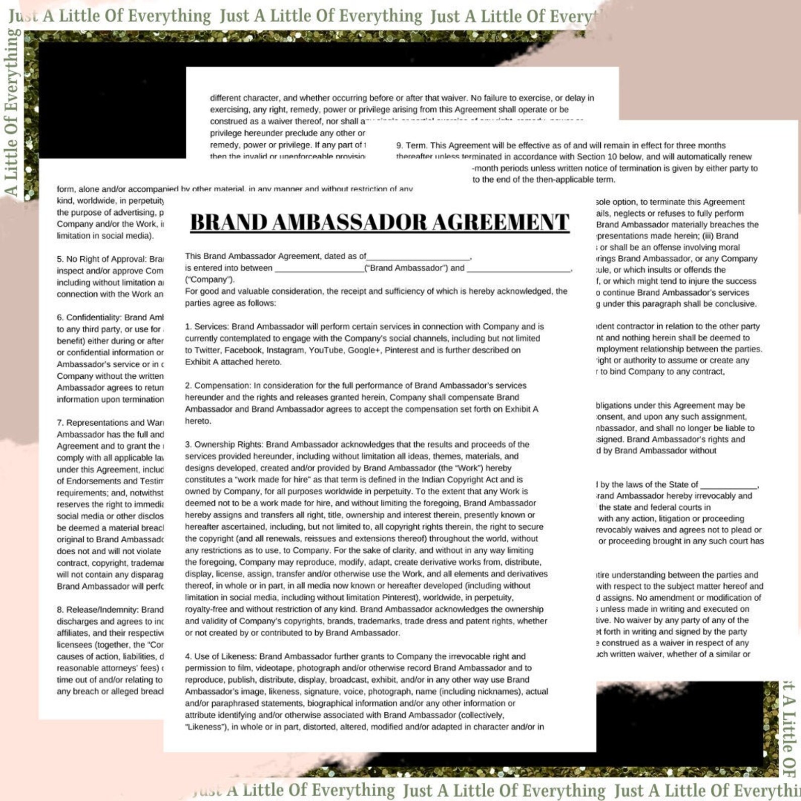 Brand Ambassador Contract, Premade Business Template, Premade