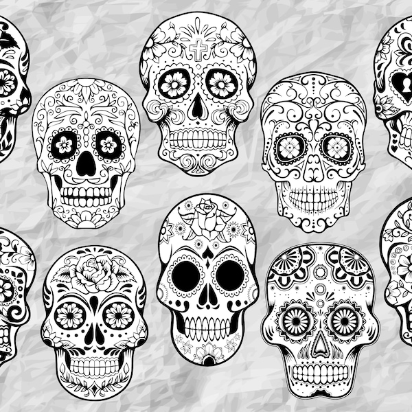 9 sugar skulls  svg cut file, vector silhouettes, printable vector clip arts