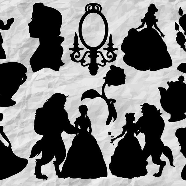 12 Beauty and the Beast SVG cut files, instant download silhouettes, printable vector clip arts, Beauty and the Beast bundle