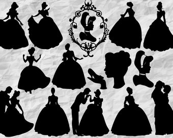 14 Cinderella SVG cut file, Cinderella silhouettes, instant download, printable vector clip arts, Cinderella svg bundle