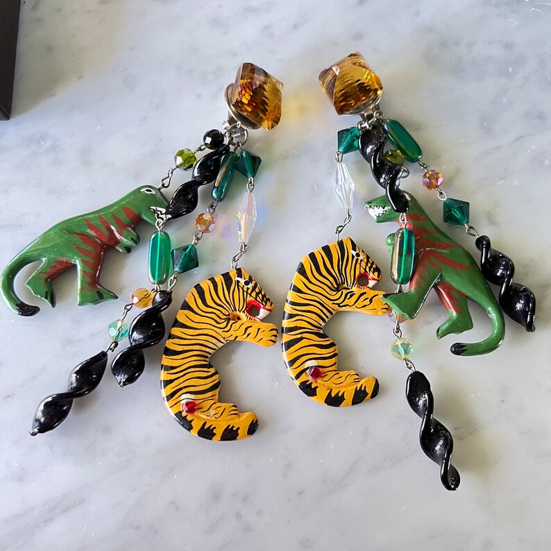 Dangle Earrings Clipon Tiger Dinosaur image 2