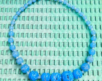 Vintage Glass necklace Cornflower Blue Hand Worked Spun