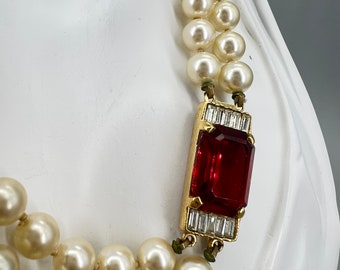 Vintage SAL Swarovski Red Art Deco Pearl Rhinestone Necklace
