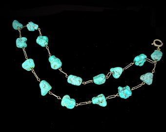Vintage Turquoise Nugget Sterling Bracelet PaperClip Chain