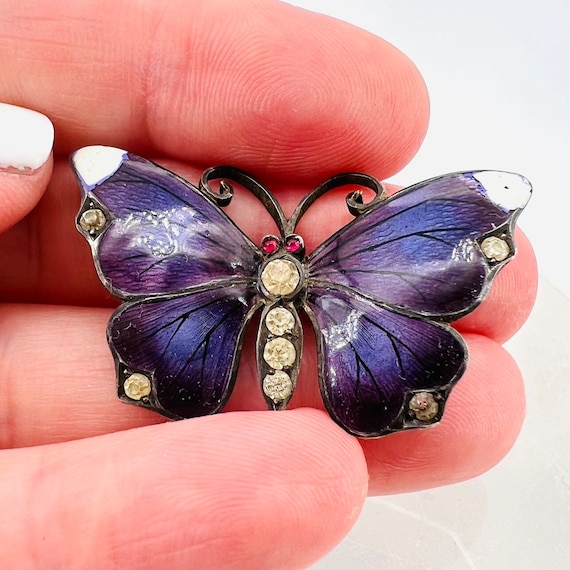 Antique Butterfly 800 Pin Brooch Rhinestones Enamel