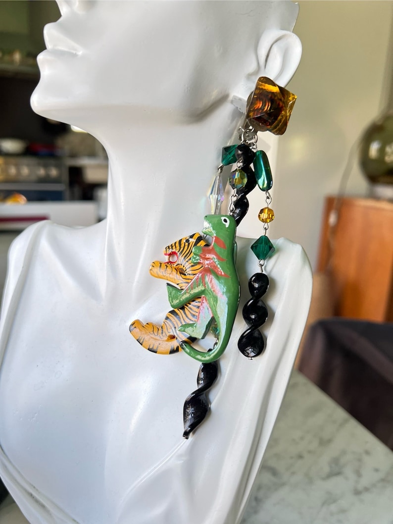 Dangle Earrings Clipon Tiger Dinosaur image 1