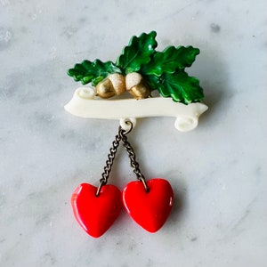 Vintage Plastic Acorns & glass hearts Pin Brooch image 1