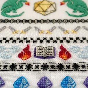 Adventurer's Dragons & Dice Tabletop Band Sampler, Dungeons Spells Bows Sword and Shield, Cross Stitch Pattern, Instant Download, PDF image 3