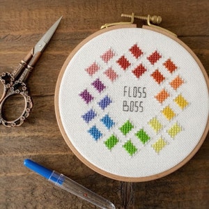 Floss Boss Rainbow Bobbins Hoop or Square Frame, Modern Cross Stitch Pattern, Instant Download PDF Chart