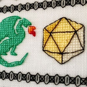 Adventurer's Dragons & Dice Tabletop Band Sampler, Dungeons Spells Bows Sword and Shield, Cross Stitch Pattern, Instant Download, PDF image 5