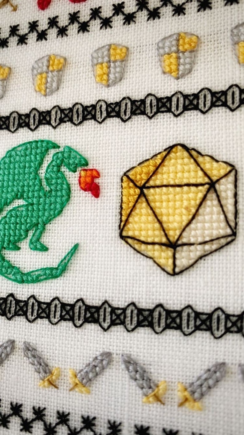 Adventurer's Dragons & Dice Tabletop Band Sampler, Dungeons Spells Bows Sword and Shield, Cross Stitch Pattern, Instant Download, PDF image 5