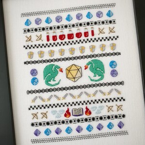 Adventurer's Dragons & Dice Tabletop Band Sampler, Dungeons Spells Bows Sword and Shield, Cross Stitch Pattern, Instant Download, PDF image 2