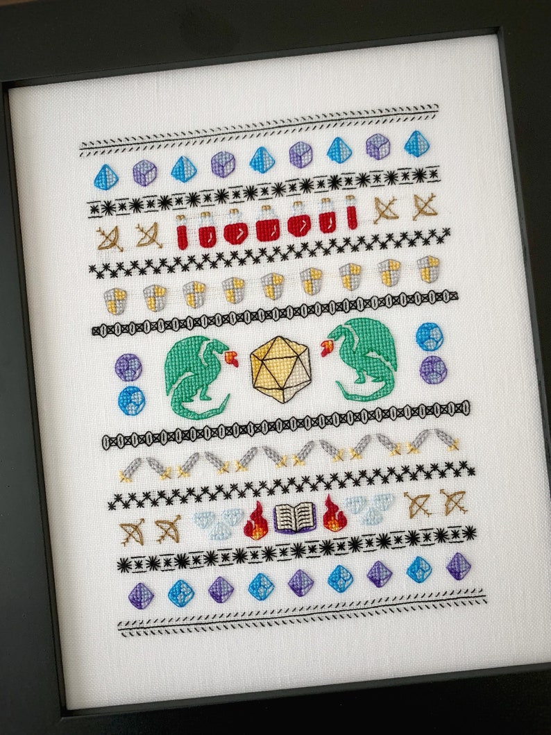 Adventurer's Dragons & Dice Tabletop Band Sampler, Dungeons Spells Bows Sword and Shield, Cross Stitch Pattern, Instant Download, PDF image 2