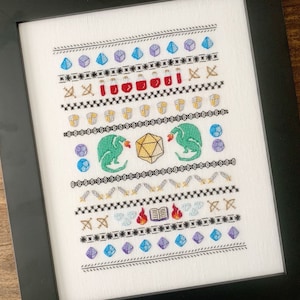 Adventurer&#39;s Dragons & Dice Tabletop Band Sampler, Dungeons Spells Bows Sword and Shield, Cross Stitch Pattern, Instant Download, PDF