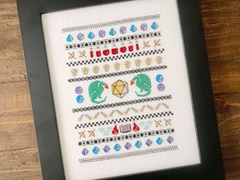 Adventurer's Dragons & Dice Tabletop Band Sampler, Dungeons Spells Bows Sword and Shield, Cross Stitch Pattern, Instant Download, PDF image 1