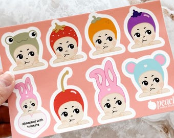 Grumpy Angels - Hipper Sticker Sheet Series 1 | Froggy, Strawberry, Orange, Eggplant, Cherry, Bunny & Mouse WEATHERPROOF Stickers