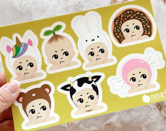 Grumpy Angels - Hipper Sticker Sheet Series 3 | Unicorn, Sprout, Miffy Bunny, Chocolate Donut, Teddy Bear, Cow & Candy WEATHERPROOF Stickers