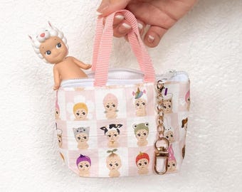 Grumpy Angels Checkered Mini Market Tote Keychain Pouch - Pink
