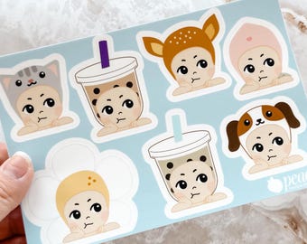 Grumpy Angels - Hipper Sticker Sheet Series 2 | Matcha Boba, Milk Tea Boba, Deer, Peach, Daisy, Dog & Cat WEATHERPROOF Stickers