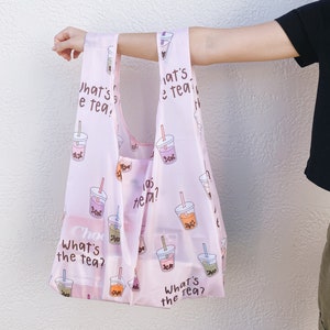 Medium What's The Tea? Boba Foldable Eco Nylon Ripstop Tote Bag | Pink