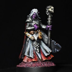 Puede incluir: Figura de fantasía en miniatura de un hechicero con túnica, piel púrpura y cabello blanco. La figura lleva una armadura plateada y sostiene un bastón coronado con una calavera. También se ve una capa roja y un pergamino.