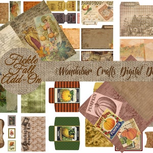 May include: A collection of vintage digital papers and ephemera with a seasonal autumn theme. Features images of pumpkins, leaves, tickets, and stamps. The text "Fickle Fall Add-On" and "Wonderbar Crafts Digital Designs" are visible.