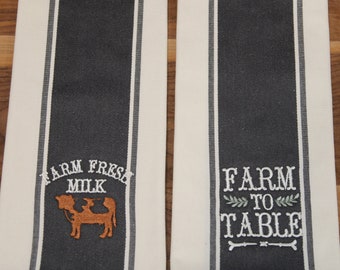 Farmhouse Kitchen Towel set, Embroidered Rustic Cotton Dish Towels, Housewarming Gift, Farm to Table, Farm Fresh Milk, Grey Farmhouse Stripe