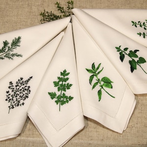 Herb Embroidered Napkins,  reusable napkins, botanical embroidery, herb embroidery, embroidered napkins