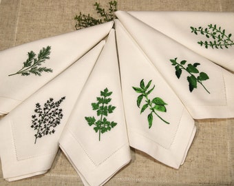 Herb Embroidered Napkins,  reusable napkins, botanical embroidery, herb embroidery, embroidered napkins