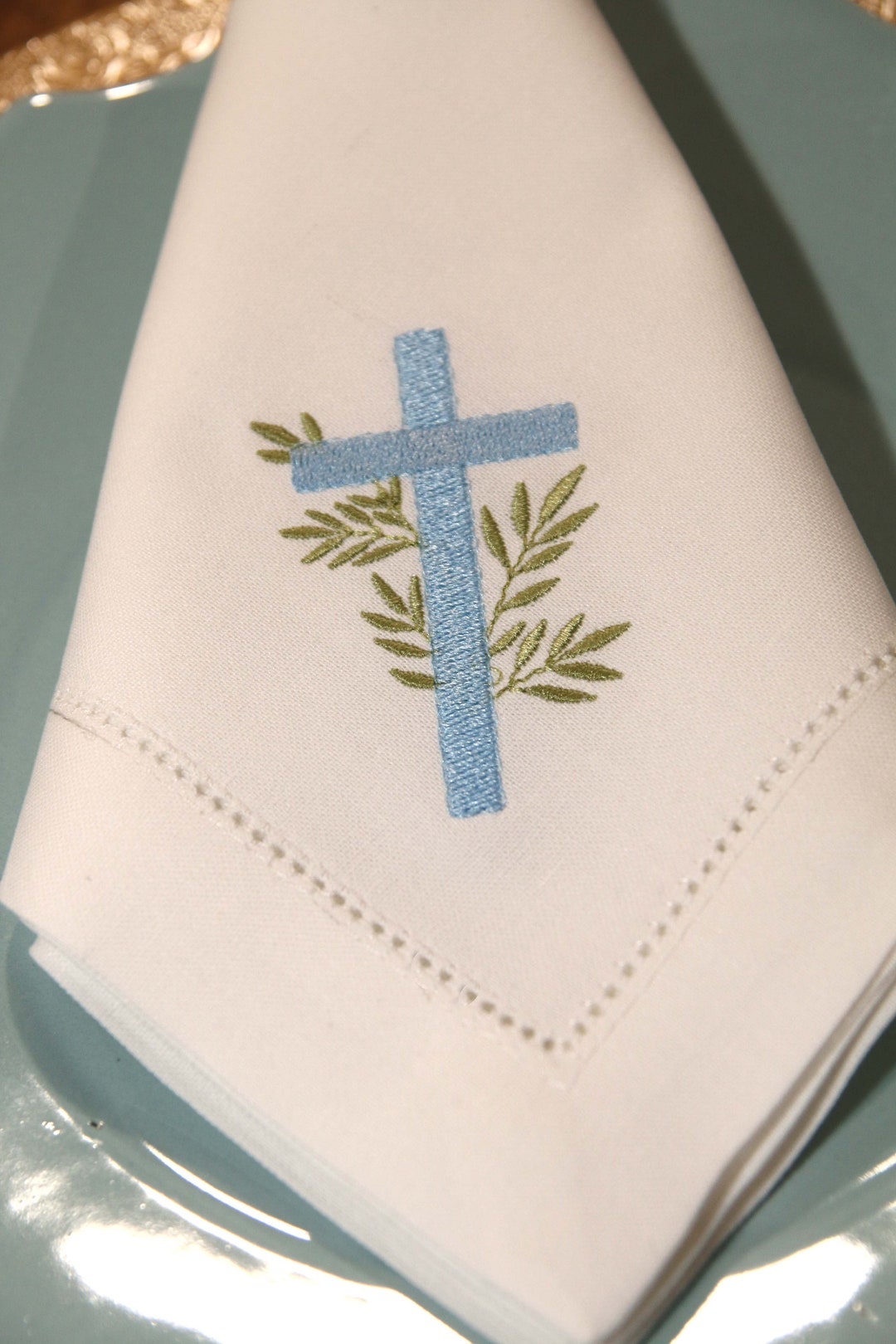 Set of Embroidered Easter Napkins, Religious Cross, Matthew 286