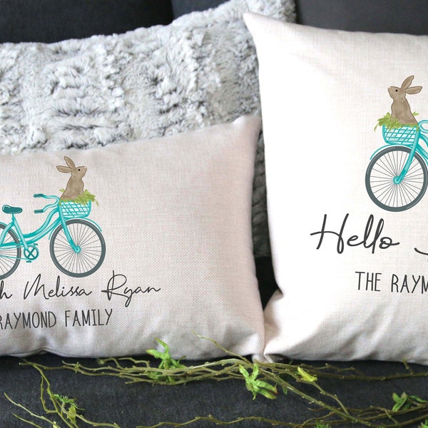 Personalized Easter Pillow Cover, Easter Spring cushion cover, Linen Bunny cushion cover, Spring / Easter decor, vintage bike, Family Names