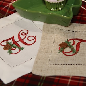 Personalized Christmas cocktail napkins, monogrammed cocktail napkin, botanical embroidery, wine and cheese napkin