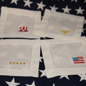 Fourth (4) of July embroidered cocktail napkins,  reusable napkins, bar cart decor, Patriotic napkins, Stars and stripes