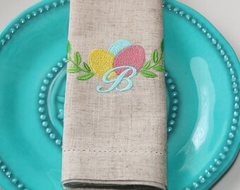 Monogrammed Easter Linen Napkins, Embroidered with Easter Eggs, Rustic Farmhouse Table Napkins, Hostess Gift, Easter Brunch, Egg Embroidery