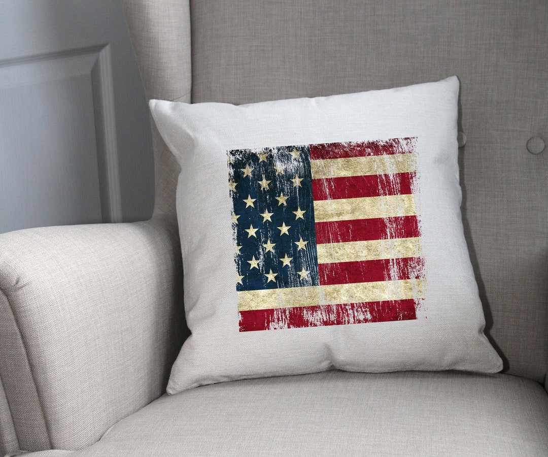American Flag Cushion Cover, Linen Throw Cushion Cover, USA Holiday