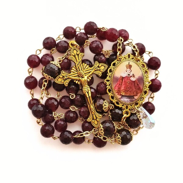 Infant of Prague Garnet Rosary | Divine Child Jesus | Handmade Heirloom Rosary