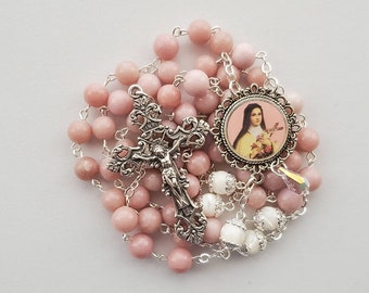 St. Therese of Lisieux Pink Opal Rosary | Little Flower | Confirmation Gift | Woman's Rosary | Handmade Heirloom Rosary