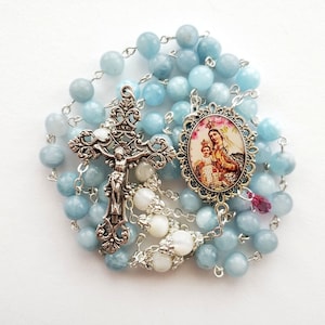 Our Lady of Mt. Carmel Aquamarine Rosary | Option: Bridgettine / Carmelite or Traditional Rosary | St. Bridget | Handmade Heirloom Rosary