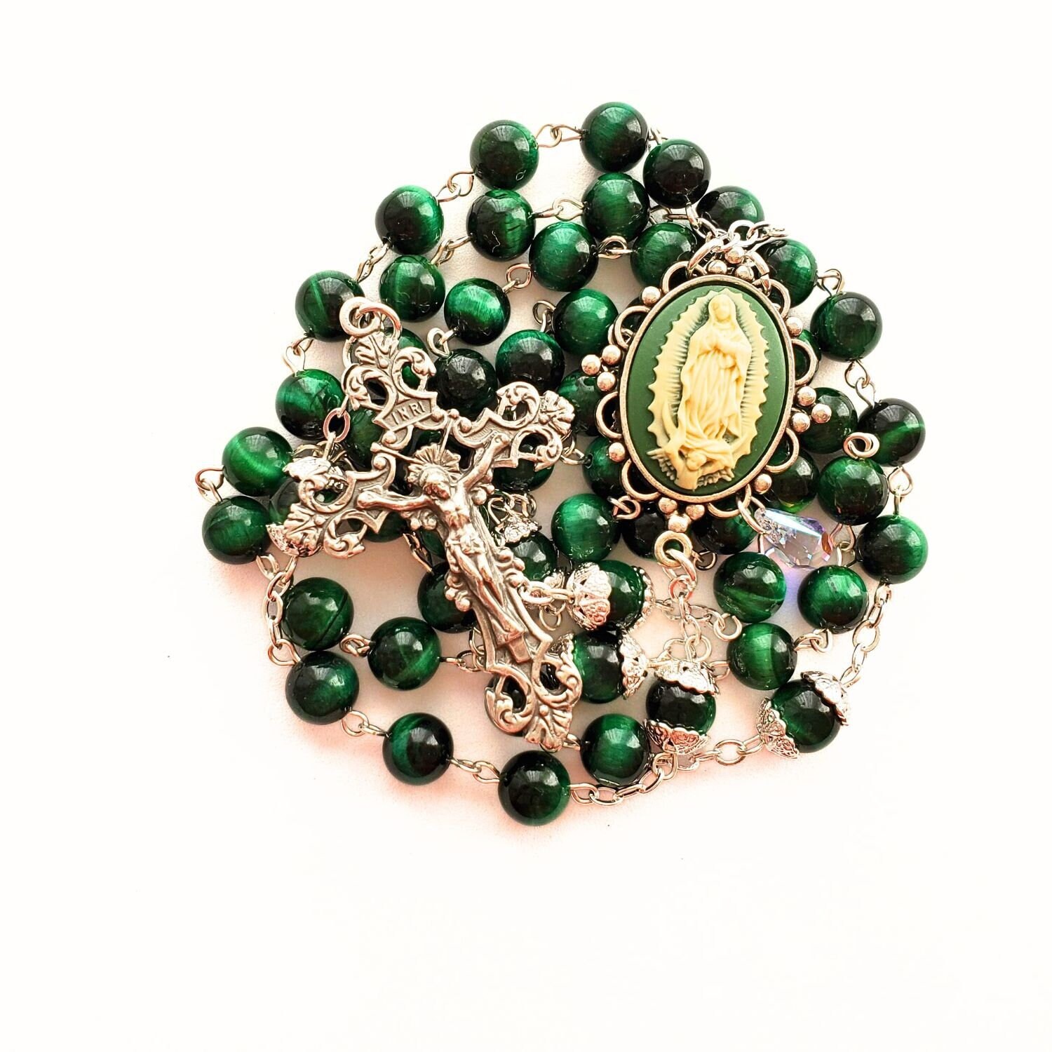 Our Lady of Guadalupe Green Tiger Eye Christmas Rosary