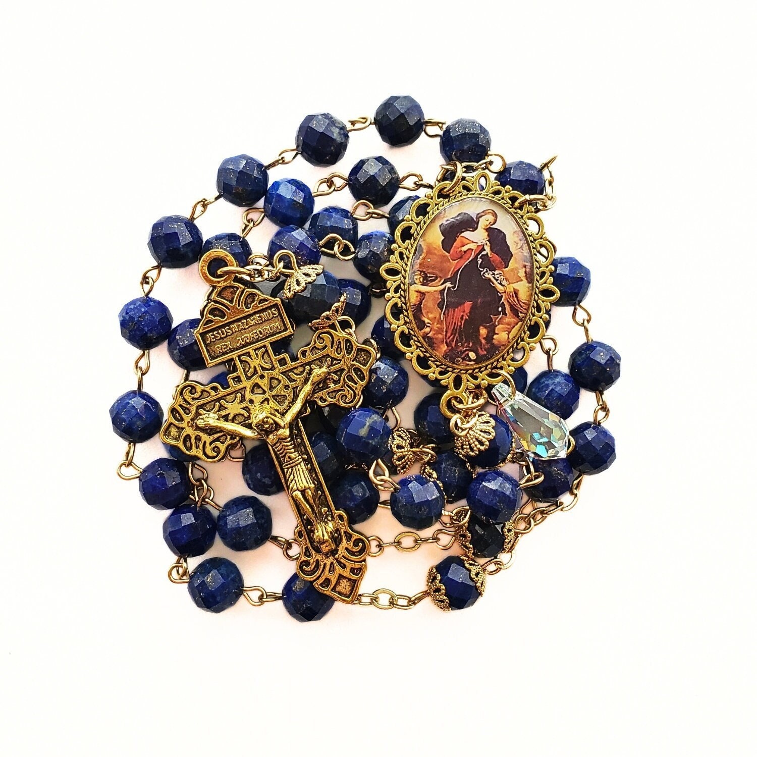 Our Lady, Undoer of Knots Lapis Rosary | Untier of Knots | Pardon Indulgence Crucifix | Handmade Heirloom Rosary