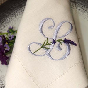 Personalized Lavender Napkins, botanical embroidery, elegant linen, embroidered napkin, lavender monogram, gift set