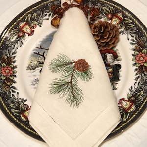 Christmas Pine Branch  Reusable Napkins, embroidered linen napkins, botanical embroidery, rustic cottage decor