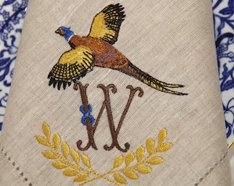 Monogrammed Pheasant Napkins w Hemstitch, Pheasant Embroidery, Nature Embroidery, Personalized Gift Set, Masculine Monogram, Masculine Decor