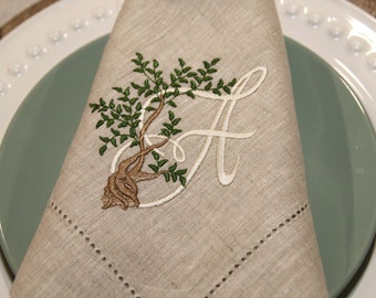 Embroidered Monogram Napkins, Monogrammed Linens, Botanical Embroidery, Personalized Housewarming Gift, Nature Embroidery