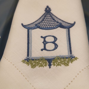 Custom Chinoiserie Pagoda Monogram Napkin Set, Reusable Linen Wedding and Housewarming Gift