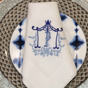 Custom Pagoda Monogram Napkin Set, Reusable Chinoiserie Cloth, Personalized Wedding Gift