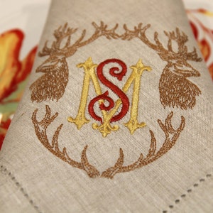 Antler Thanksgiving Napkin Set, white tail deer embroidery, autumn colors, embroidered napkin, monogram napkin, masculine decor
