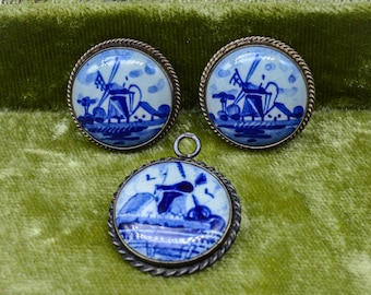 Vintage Delft Silver 835 833 Porcelain Clip-On Earrings and Pendant Set 1900s-1950s Dutch Signed