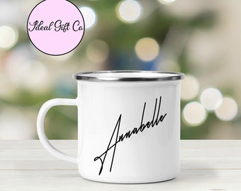 Personalised Stylish Name Enamel Mug, Camping Mug, Tin Mug, Cool Enamel Mug, Personalised Mug Gift