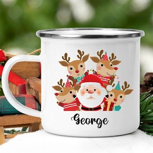 Enamel Personalised  Reindeer & Santa Christmas Mug, Stocking Filler, Personalised Xmas Mug,  Christmas Eve Hot Chocolate Mug, Box Filler